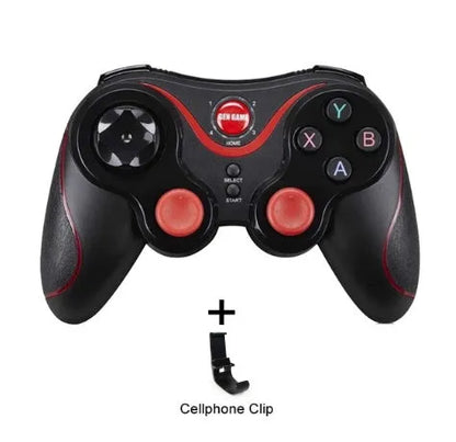 Upgraded X3 Bluetooth wireless game controller with mobile phone clip attached, showing textured grips and button layout