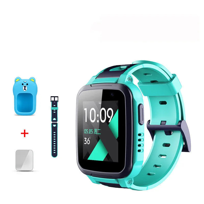 SE5 Plus blue children phone watch with stainless steel wristband on child's wrist