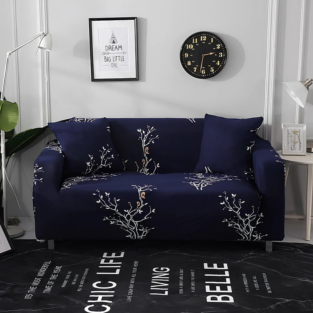 Elastic sofa cover with stripe pattern stretched over 3-seat sofa in living room setting