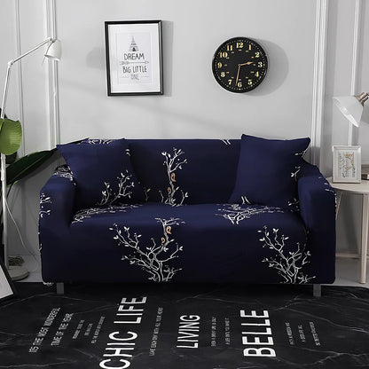 Elastic sofa cover with stripe pattern stretched over 3-seat sofa in living room setting