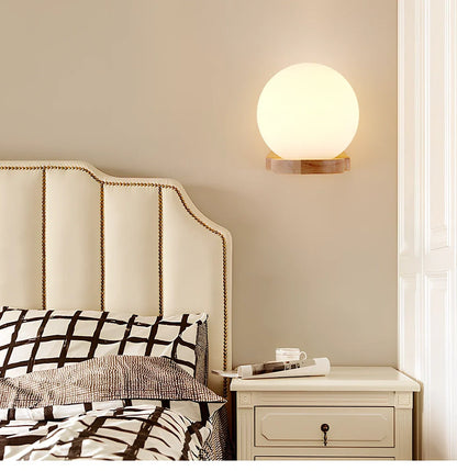 Solid wood table lamp with glass shade and wrought iron elements, 16cm height