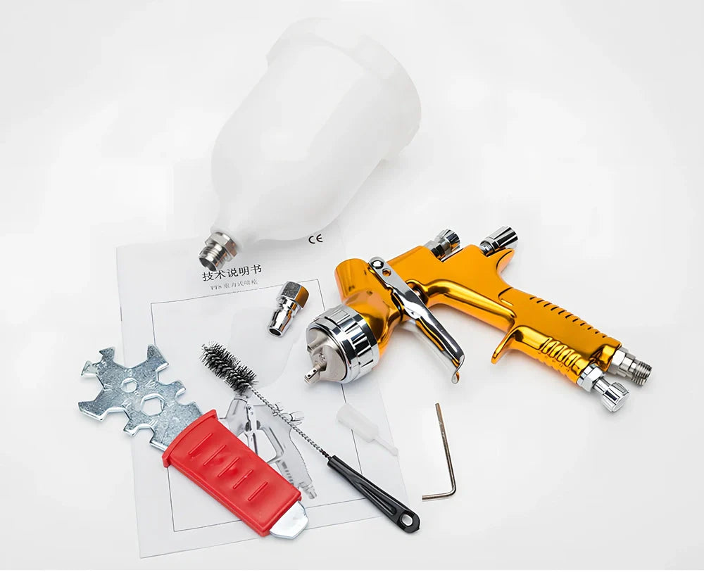 Gold aluminium HVLP spray gun with 600cc plastic pot and 1.3mm nozzle for water-based paints