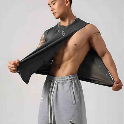 Men's loose black cotton fitness vest with hidden side hooks in Korean style.