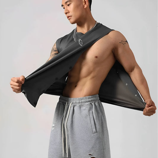 Men's loose black cotton fitness vest with hidden side hooks in Korean style.