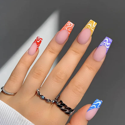 Rainbow Wave fake nails with iridescent wave pattern nail stickers showing colour shifting effects