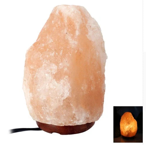Natural rose crystal salt lamp with rock salt base and soothing glow