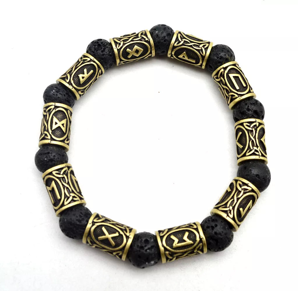 Asgard Crafted Silver Rune and Black Lava Stone Bracelet featuring ancient symbols
