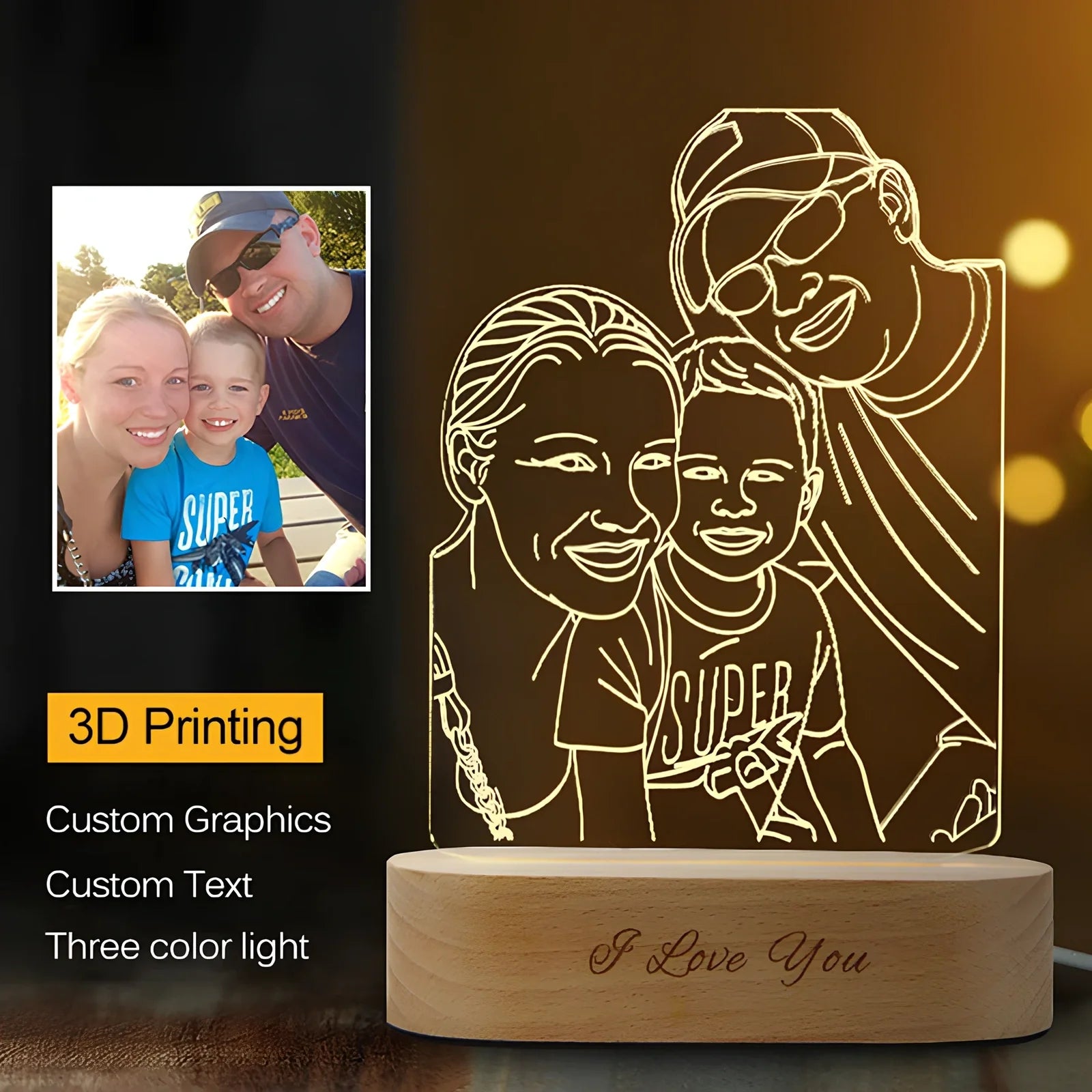 Custom 3D stereo night light displaying personalised portrait with LED illumination through acrylic casing