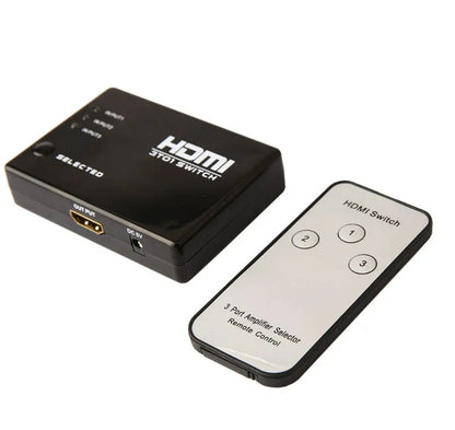 RobotSky black 3-port HDMI switch with IR remote, supports 1080p and HDMI 1.3b, compact 8 x 5.8 x 1.8cm