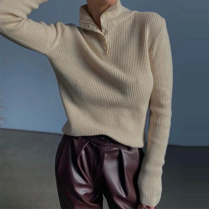 Silver grey half turtleneck pullover sweater with single-breasted placket and slim fit design