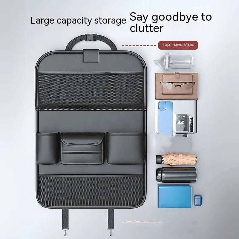Leather car seat lazyback storage bag with foldable dining table, waterproof, 1.2kg, 48 x 25 x 6cm, in four colours.