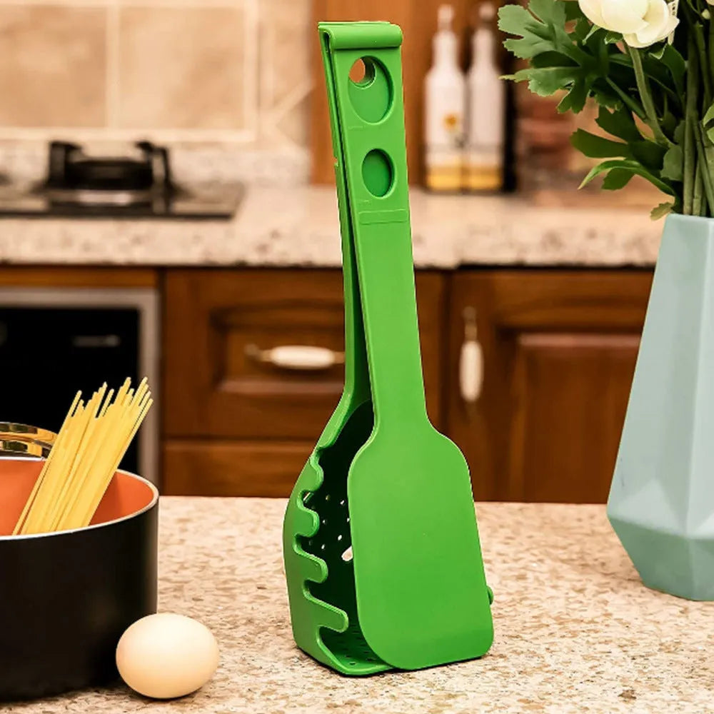 Plastic kitchen shovel and spaghetti spoon set with measurements shown