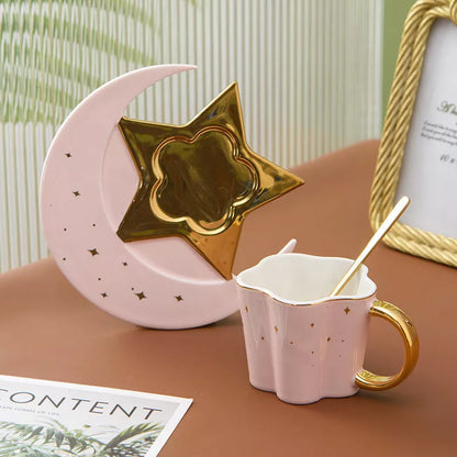 Ceramic cup set with star and moon saucer, 120ML capacity, porcelain material