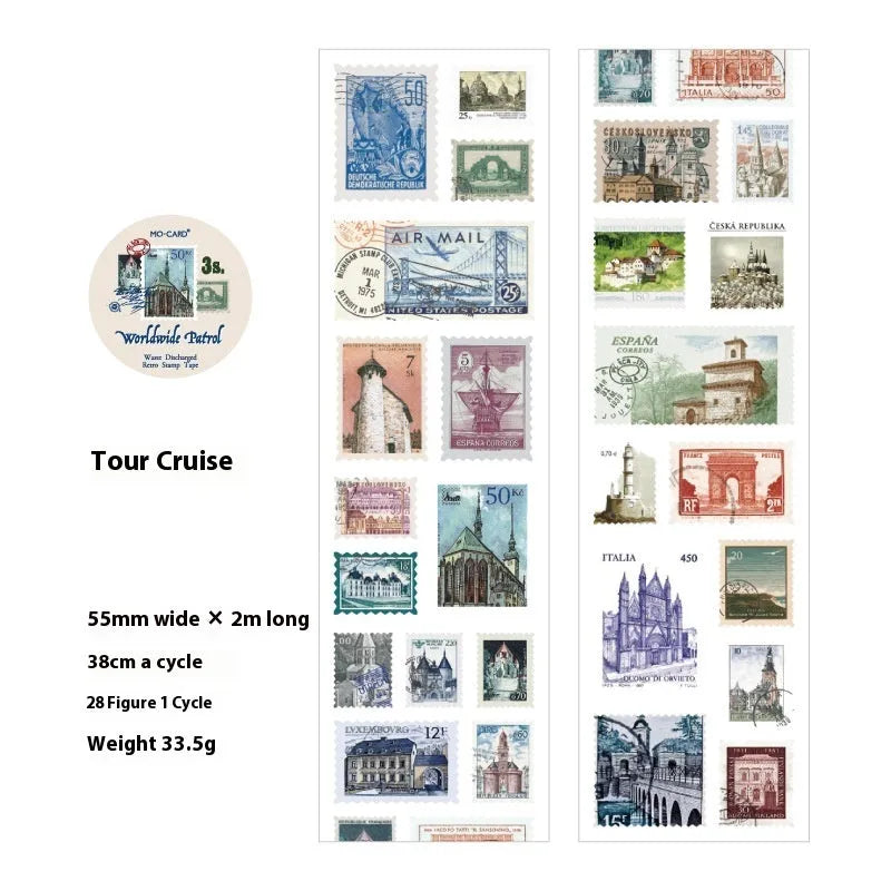 Roll of 55mm wide coated paper stamp decoration with repositionable adhesive backing for DIY journals and crafts