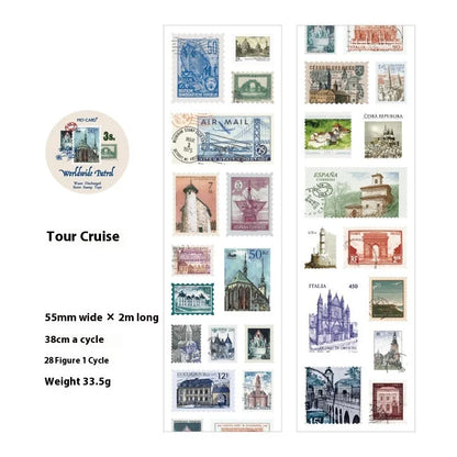 Roll of 55mm wide coated paper stamp decoration with repositionable adhesive backing for DIY journals and crafts