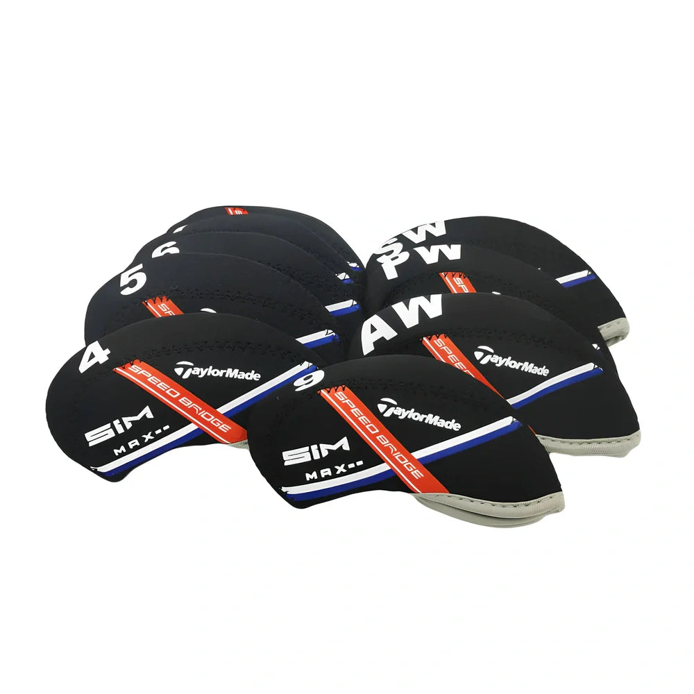 Set of 10 golf iron sleeves in diving material protecting club heads from scratches