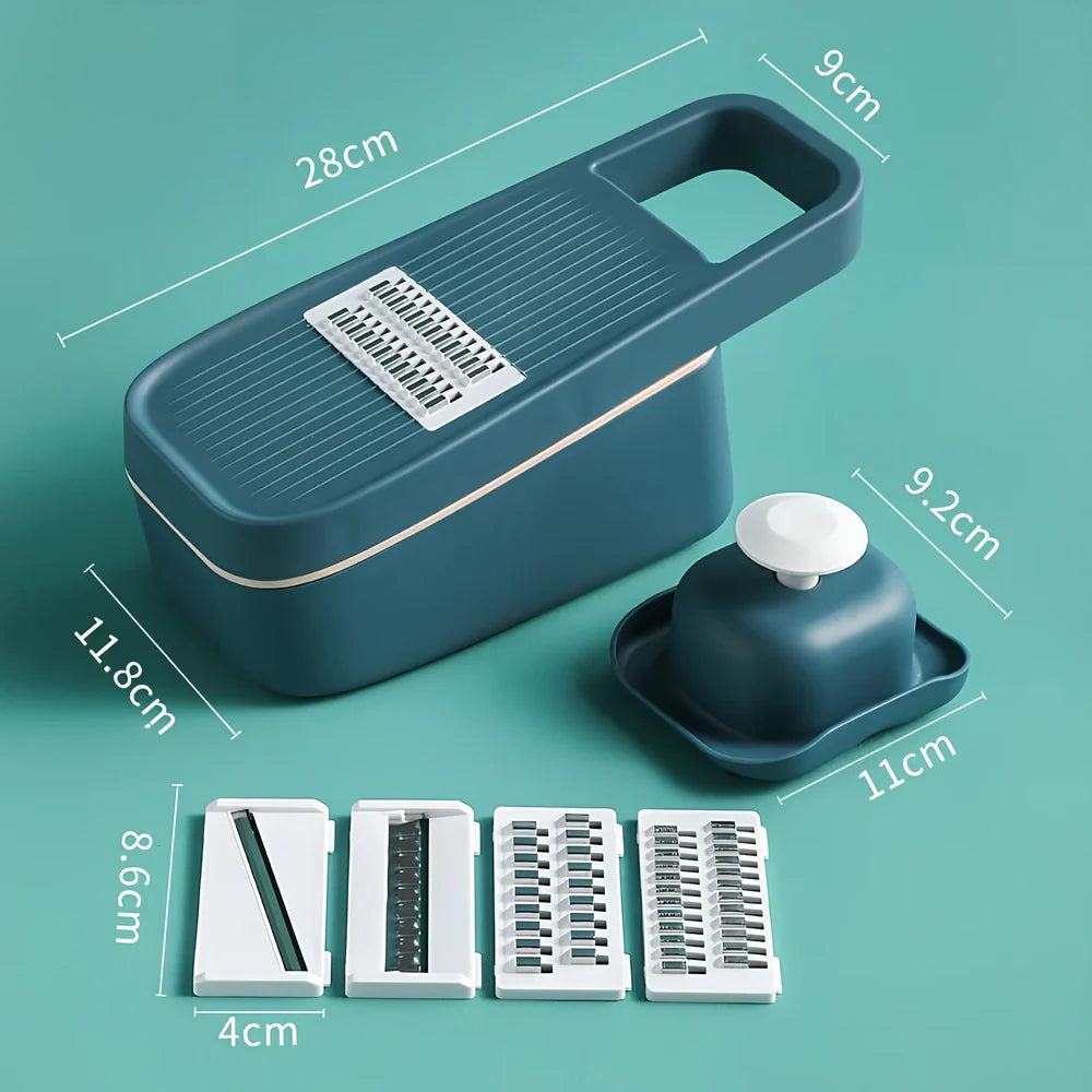 Blue multi-function kitchen cutter with stainless steel blades for slicing and shredding vegetables