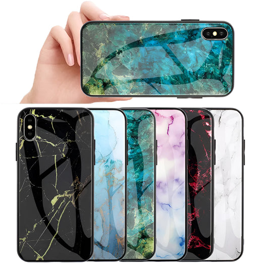 Huawei phone case with marbled glass shell S10 design and cartoon patterns in multiple colour options