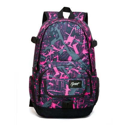 Blue classic nylon backpack with multiple compartments and adjustable straps, shown with laptop sleeve