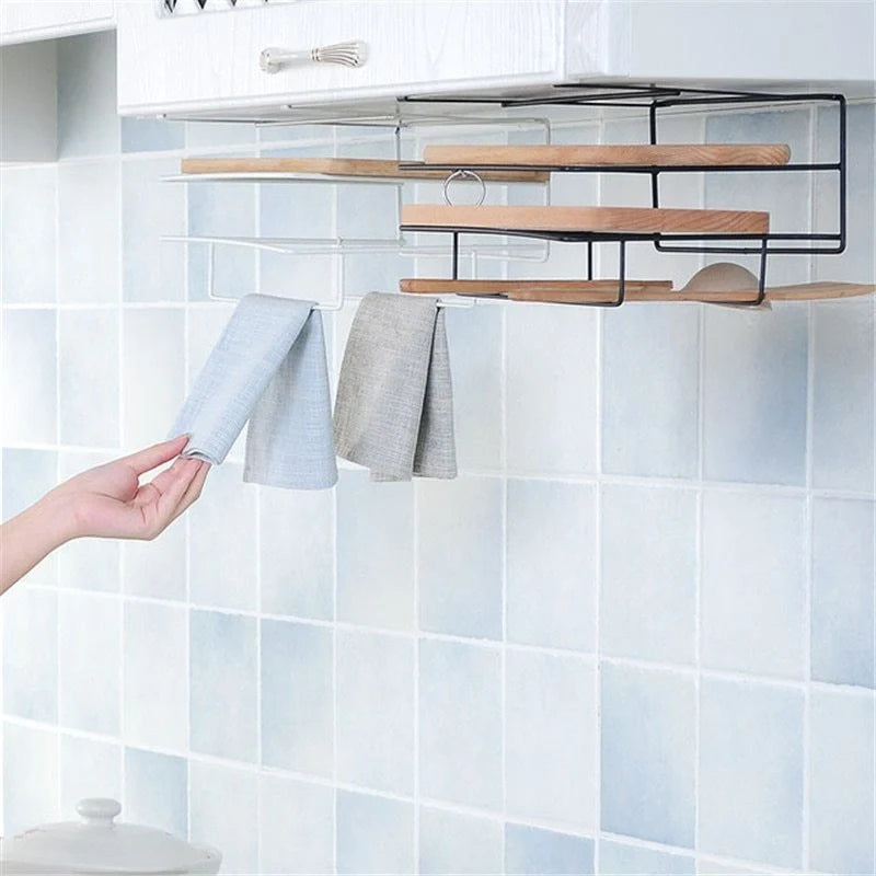 Double layer iron kitchen towel rack for organizing chopping boards and rags