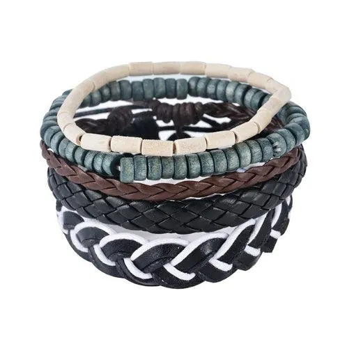 Hand-woven brown leather bracelet with wooden beads and rope detailing on a wrist.
