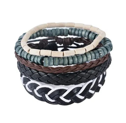 Hand-woven brown leather bracelet with wooden beads and rope detailing on a wrist.