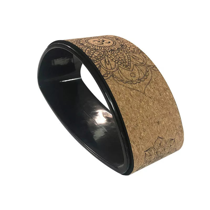 Cork Yoga Wheel Half-round for backbend and core exercises in black and wood grain