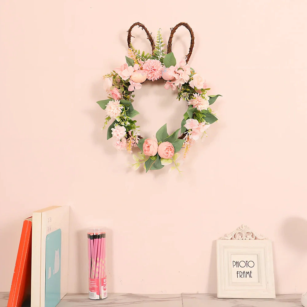 Easter chrysanthemum rabbit wreath measuring 35x45cm with silk flowers and plant teng base