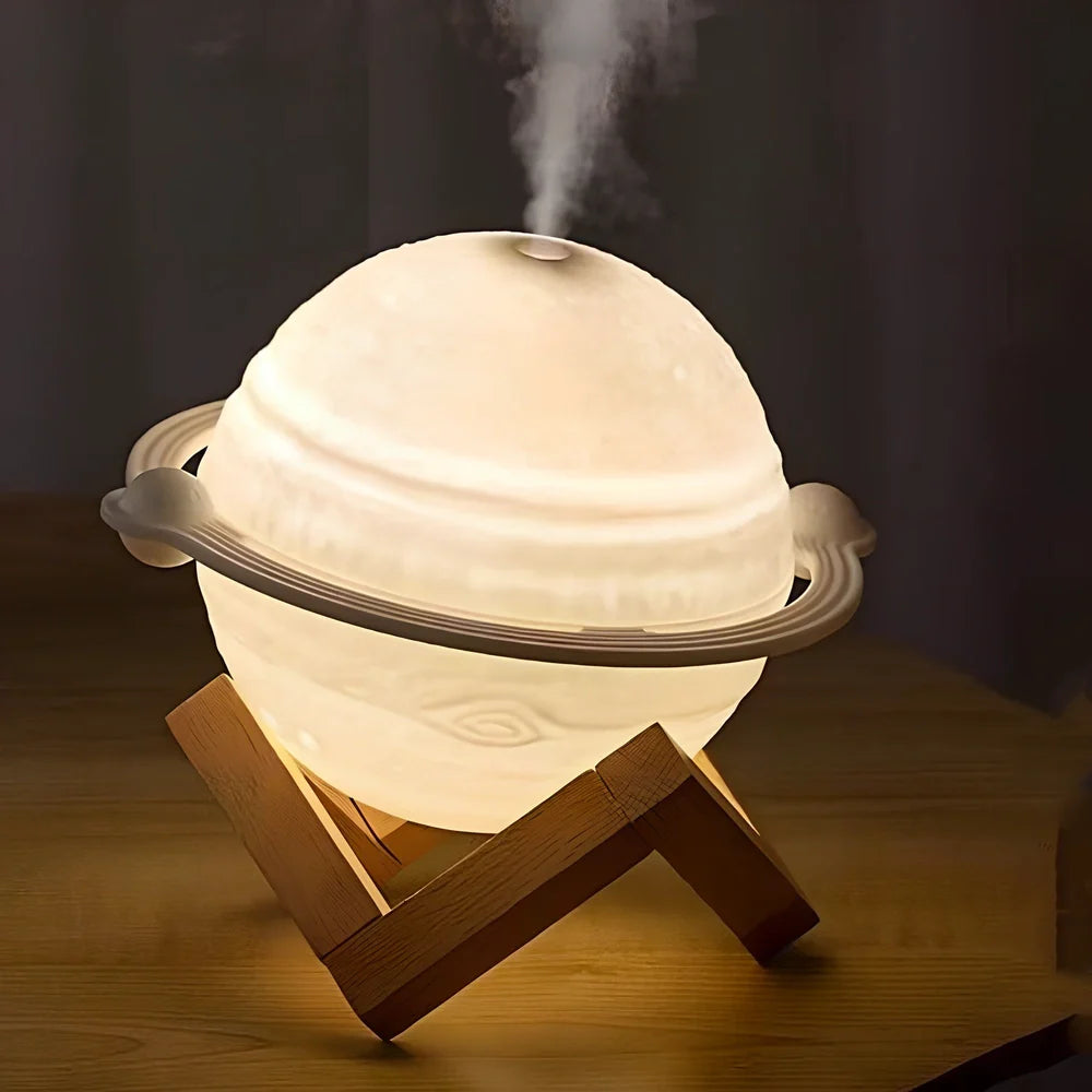 Planet-shaped humidifier with wooden frame and USB cable, 154mm width