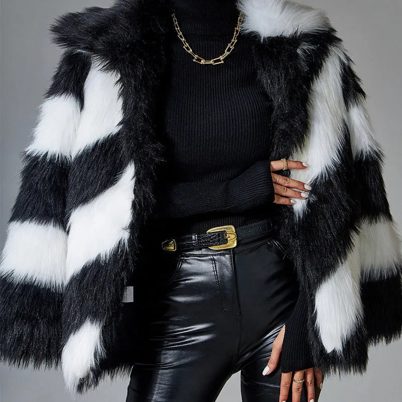 Lapel contrast colour faux fur coat with detachable fur collar, shown in picture colour, regular sleeves.