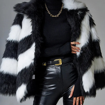 Lapel contrast colour faux fur coat with detachable fur collar, shown in picture colour, regular sleeves.