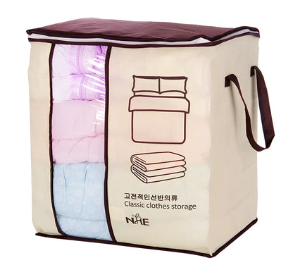 Non-woven fabric under-bed storage organiser showing 45.55×29×51cm dimensions and folding design