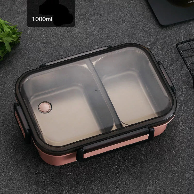 Stainless steel insulated lunch box with food segmentation in pink, blue, and khaki