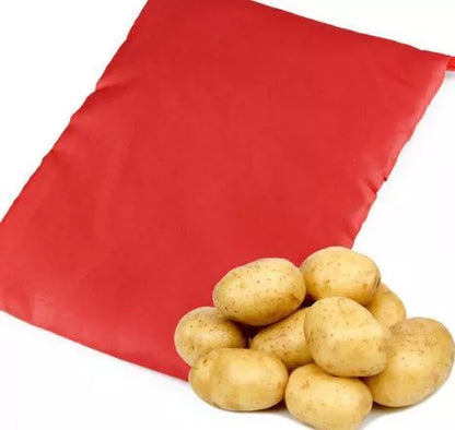 Red washable microwave cooker bag for quick potato cooking, 26.5 x 19.5 cm