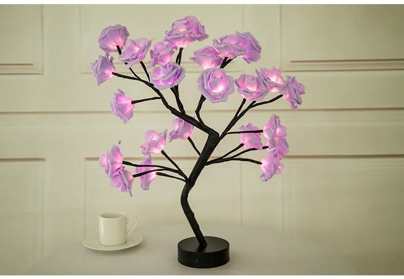 White and red rose flower LED lamp on a bonsai tree stand with warm white lights.