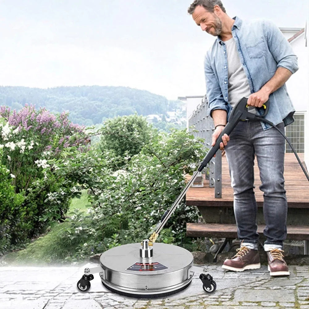 Stainless steel 3-wheel floor cleaner with extended pole and brass gun head for high-pressure washing