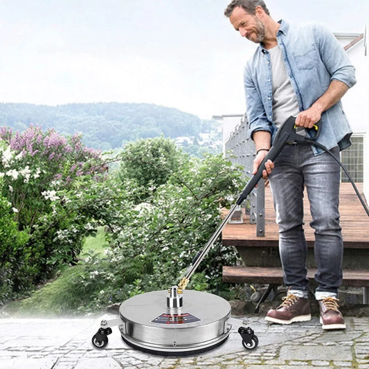 Stainless steel 3-wheel floor cleaner with extended pole and brass gun head for high-pressure washing