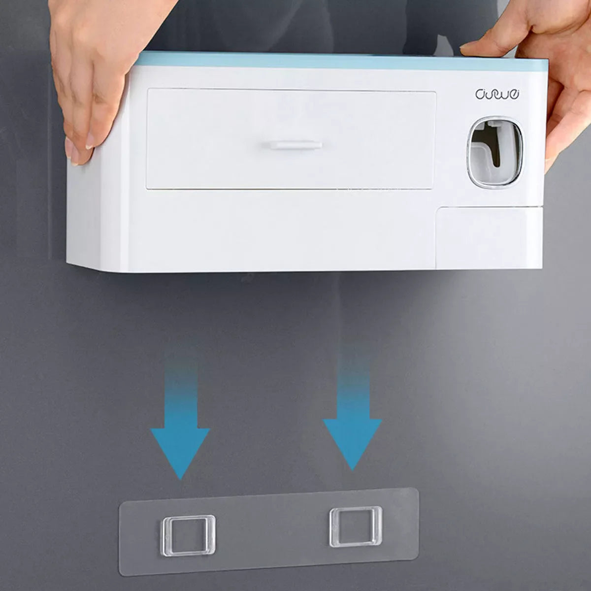 Non-marking hanging magnetic toothbrush holder with toothpaste squeezer in blue and grey