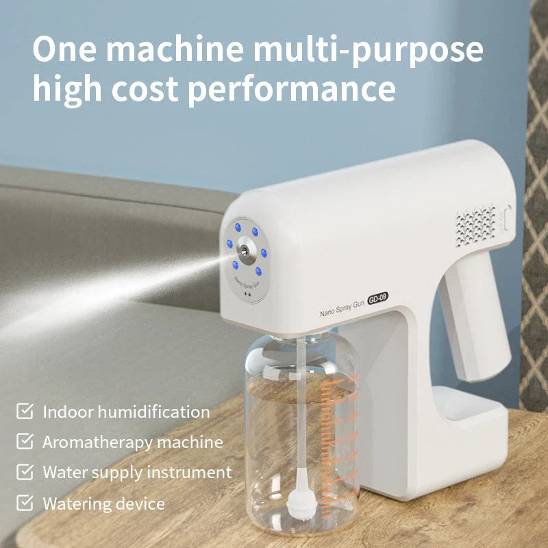 Portable USB-powered disinfection sprayer with wireless charging, featuring atomization technology, long battery life, and multi-functional capabilities