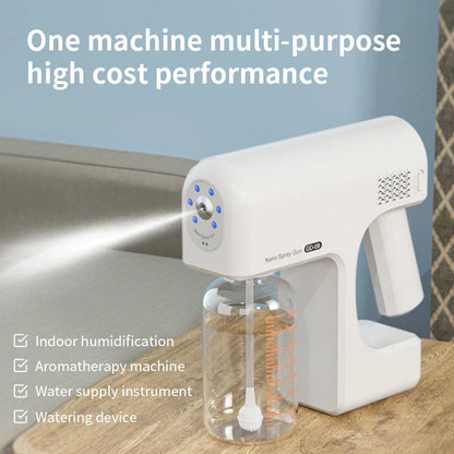 Portable USB-powered disinfection sprayer with wireless charging, featuring atomization technology, long battery life, and multi-functional capabilities