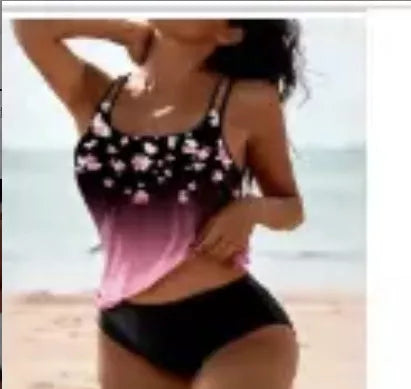 Vintage printed high waist conservative swimwear set in black, pink, and grey green with retro dot pattern