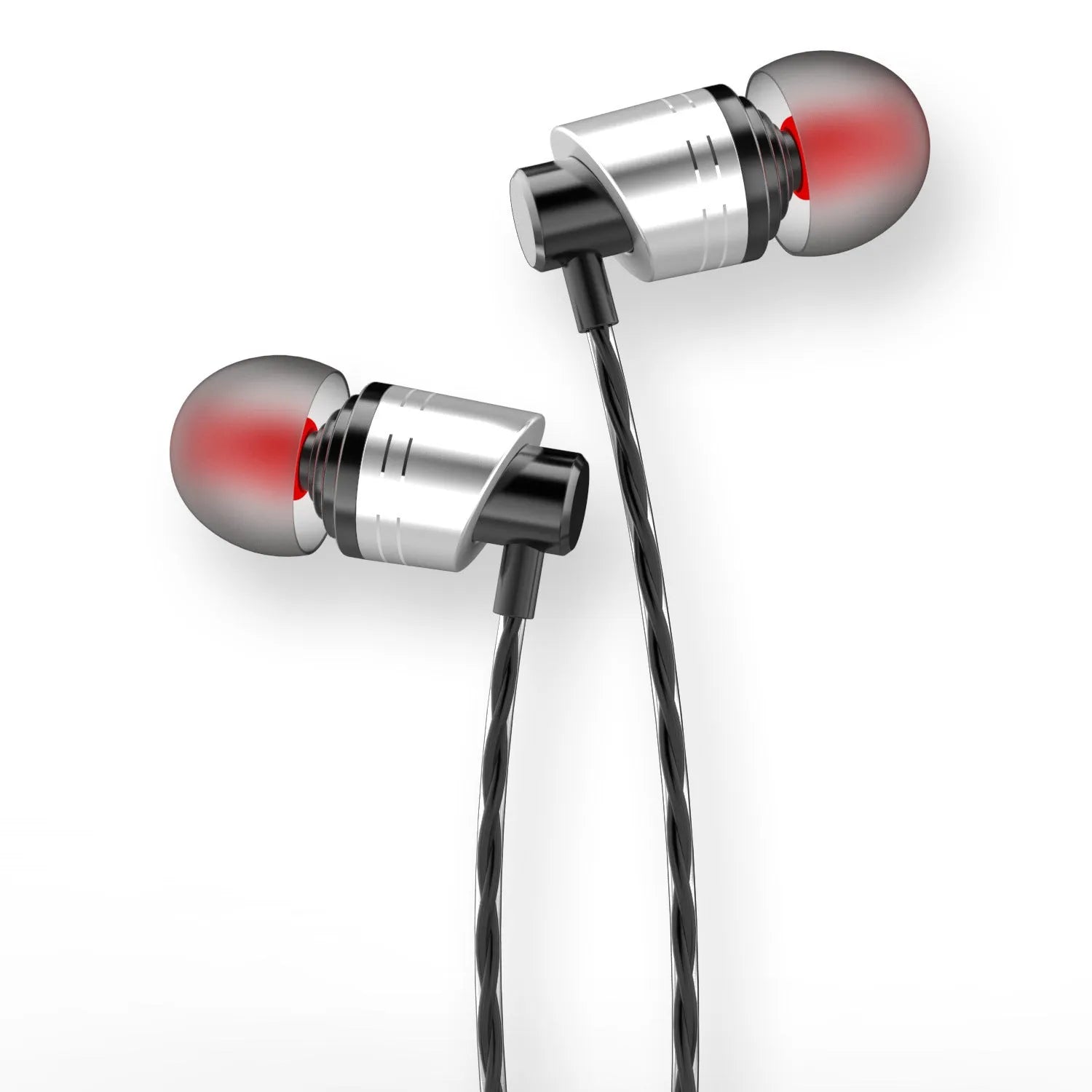 Black wired in-ear headphones with 3.5mm plug, TPE cable, and silicone ear tips for gaming and music