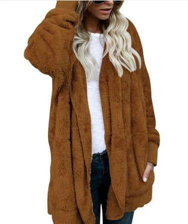 A cozy, plush women's jacket in a variety of colors with a relaxed, oversized fit for easy layering