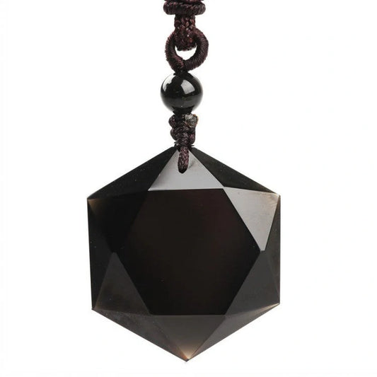 Handcrafted obsidian six-pointed star sweater chain pendant on a model