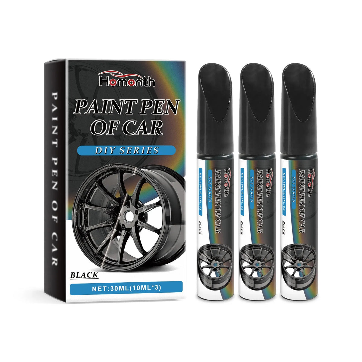 Black car wheel hub scratch healing pen, 3x10ml set, 1.7x11.3cm touch-up pens for black wheel scratches