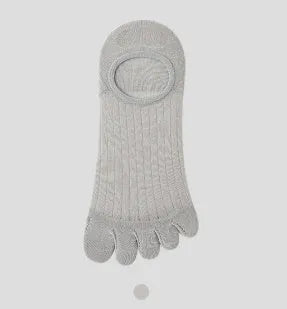 Pair of white five-finger ultra-thin modal boat socks laid flat, showing toe separation and non-slip heel detail.