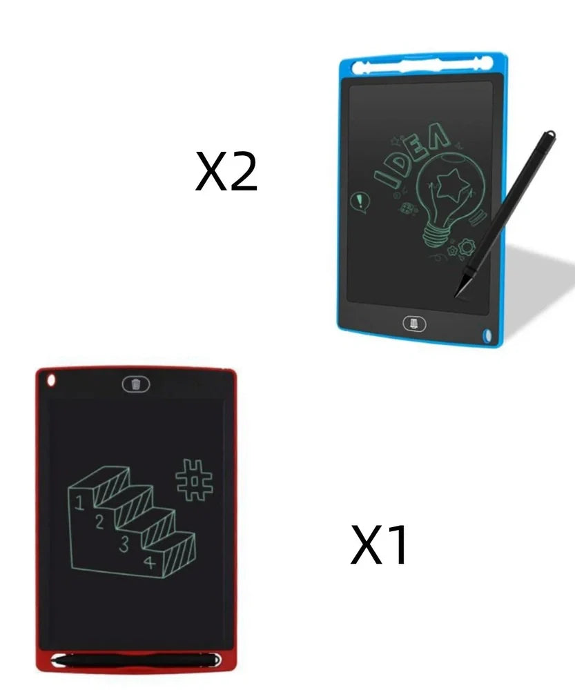 8.5-inch LCD writing board with stylus showing pressure-sensitive writing on blue background