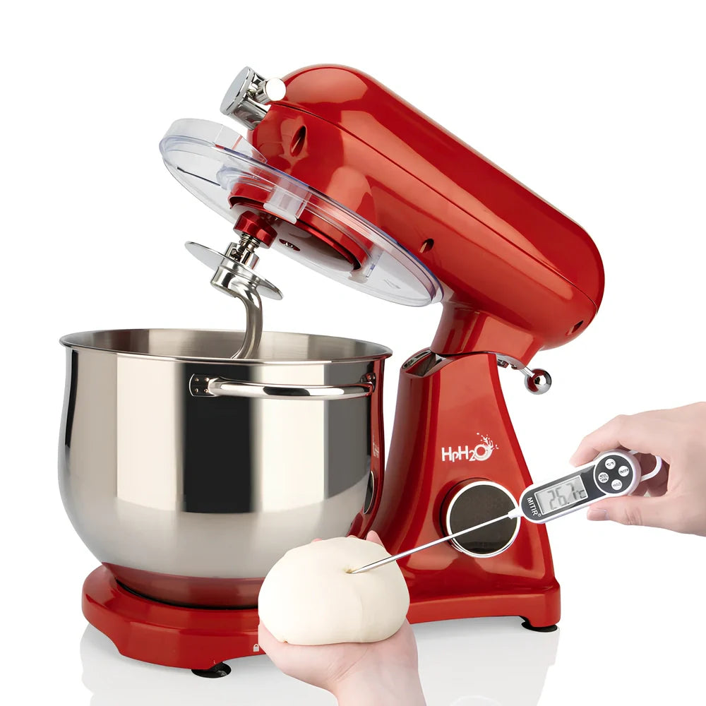 Red SM-1522ML stand mixer with metal body, digital controls, and stainless steel mixing bowl on kitchen counter