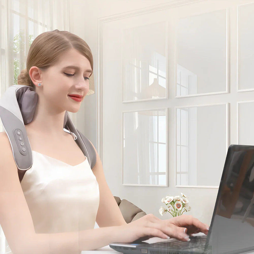 Black rechargeable cervical massage shawl with remote control for neck and shoulder pain relief