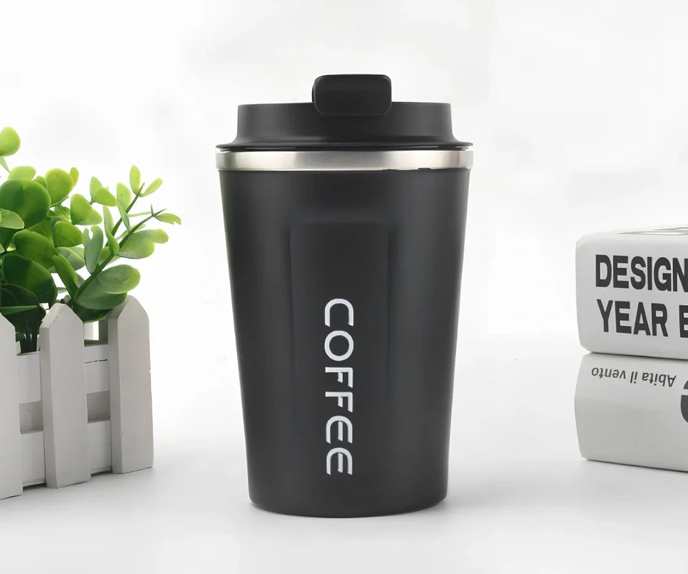Stainless steel thermal vacuum coffee mug with double-layer insulation and spill-proof lid in multiple colour options